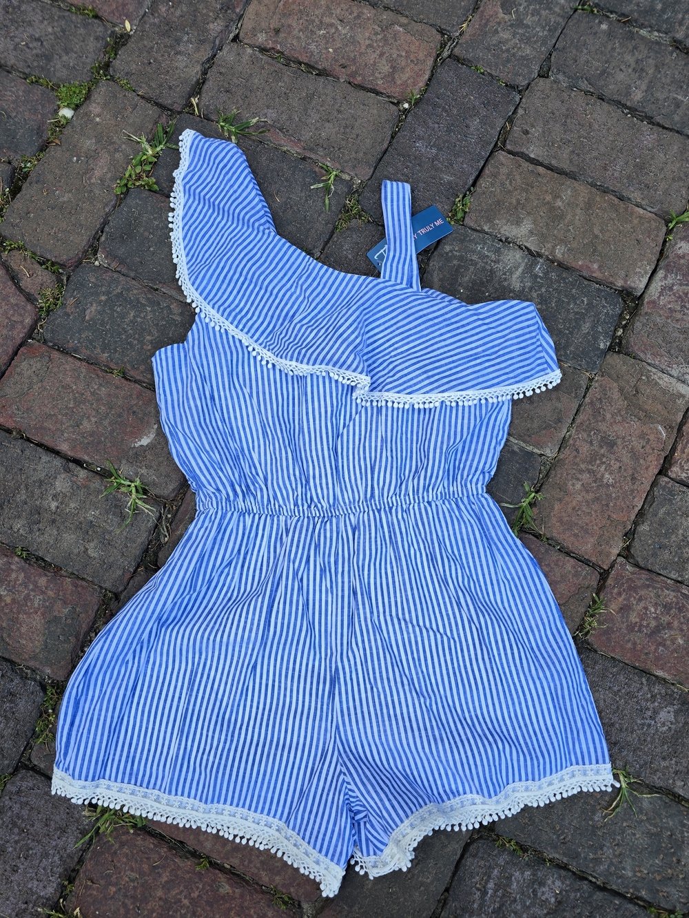 Truly Me Blue Stripe One-Shoulder Romper with Lace Trim Adorable Size 14